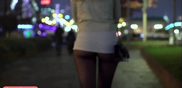  Deep Evening - Russian beauty Jeny Smith walks in public in transparent tights without panties. So you can see the pussy